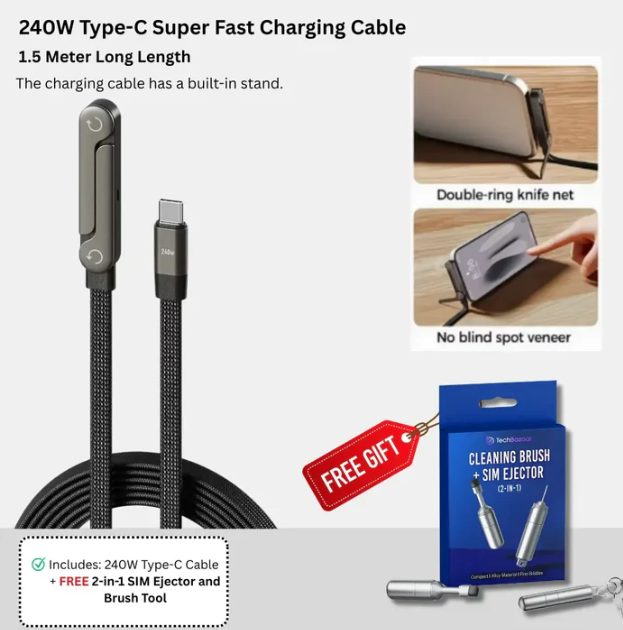 2-in-1 Fast Charging Type-C Cable with Adjustable Mobile Stand ( 240W )